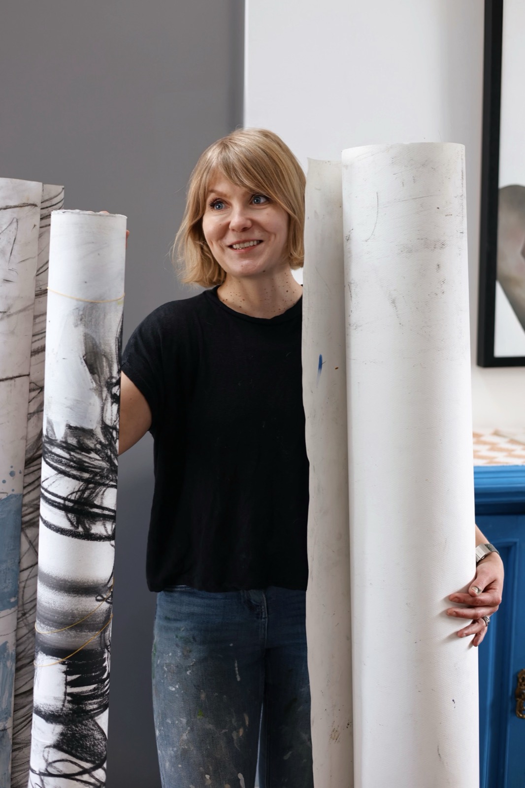 Kirsi Salo with her ceramic sculptures in the studio
